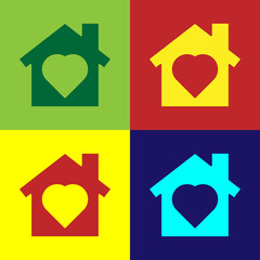 Sticker - Pop art House with heart inside icon isolated on color background. Love home symbol. Family, real estate and realty. Vector.