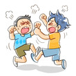 manga illustration of two little boys fighting    