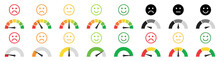 Scale Meter Level, Barometer Mood Icons. Vector Dial Gauges, Speedometers With Emotions And Emoji Smile Faces. Infographic, Indicator Of Pain, Stress, Negative To Satisfaction, Positive, Happy. Score