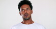 © Marco - African American feeling stressed emotion, black man taking deep breath feeling anxiety and boredom