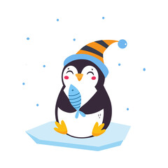 Wall Mural - Cute Penguin with Red Cheeks Wearing Hat Sitting on Ice Plate with Fish Vector Illustration