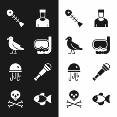 Sticker - Set Diving mask and snorkel, Bird seagull, Dead fish, Sailor captain, Jellyfish, Spyglass telescope lens, Fish and Skull on crossbones icon. Vector