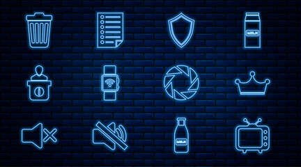 Wall Mural - Set line Television tv, Crown, Shield, Smartwatch with wireless, Information desk, Trash can, Camera shutter and Document icon. Vector