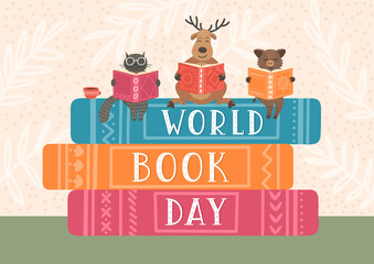 Wall Mural - World Book Day. Animals read books sitting on stack of book with hand drawn lettering. Deer, cat and boar. Children illustration, literature, Storytime, education concept. 