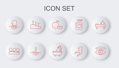 Sticker - Set line Hypnosis, Vacuum cans, Citrus fruit, Ginger root, Massage, Acupuncture therapy, and Bathtub icon. Vector