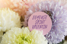 Beautiful Delicate Bouquet Of Multicolored Chrysanthemums With A White Card With The Inscription Happy Valentine's Day In French