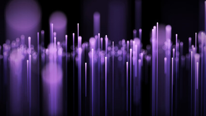 Fototapete - Light rays falling down. Abstract rods with purple circles. Neon technology flow background. Blurred bokeh background. 3d rendering.