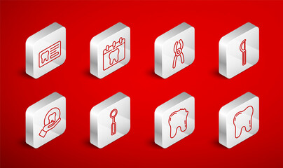 Sticker - Set line Tooth, Calendar with tooth, Dental pliers, floss, Broken, card, inspection mirror and icon. Vector