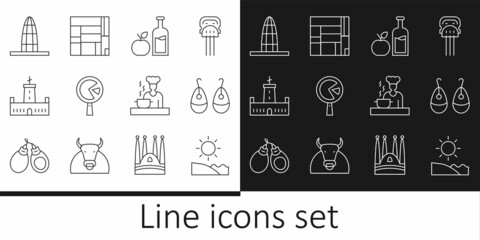 Wall Mural - Set line Beach, Earrings, Apple cider bottle, Omelette frying pan, Montjuic castle, Agbar tower, Spanish cook and House Edificio Mirador icon. Vector