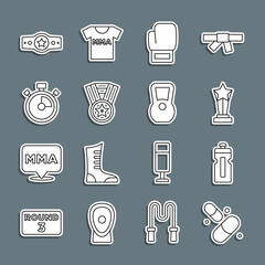 Sticker - Set line Vitamin pill, Fitness shaker, Award cup, Boxing glove, Medal, Stopwatch, belt and Kettlebell icon. Vector