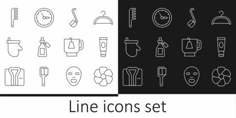 Canvas Print - Set line Flower, Cream or lotion cosmetic tube, Sauna ladle, Essential oil bottle, mittens, Hairbrush, Cup of tea with tea bag and clock icon. Vector