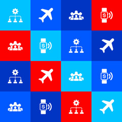 Sticker - Set Lead management, Plane, Project team base and Contactless payment icon. Vector