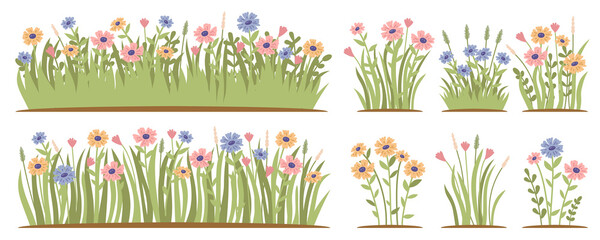 Wall Mural - Spring forest and garden flowers isolated set. Garden flowerbeds and green grass pack on white background. Pant branches with leaves. Illustration of wildflower spring and summer in the garden