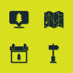 Sticker - Set Location of the forest, Road traffic signpost, Calendar with tree and map icon. Vector