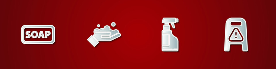 Sticker - Set Bar of soap, Washing hands with, Spray bottle detergent liquid and Wet floor cleaning progress icon. Vector