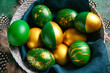 © Pixel-Shot - Basket with stylish Easter eggs and feathers on green background
