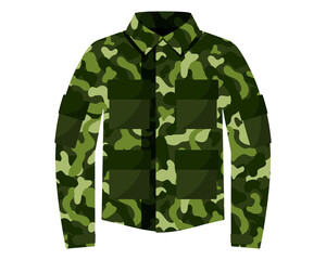 green khaki camouflage tunic or jacket, military uniform with pockets.