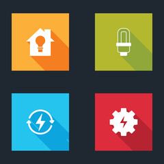 Sticker - Set Smart house and light bulb, LED, Recharging and Gear lightning icon. Vector