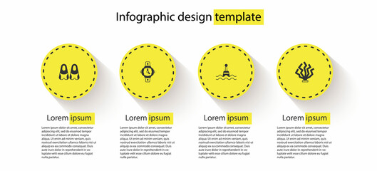 Wall Mural - Set Flippers for swimming, Diving watch, Floating buoy and Coral. Business infographic template. Vector