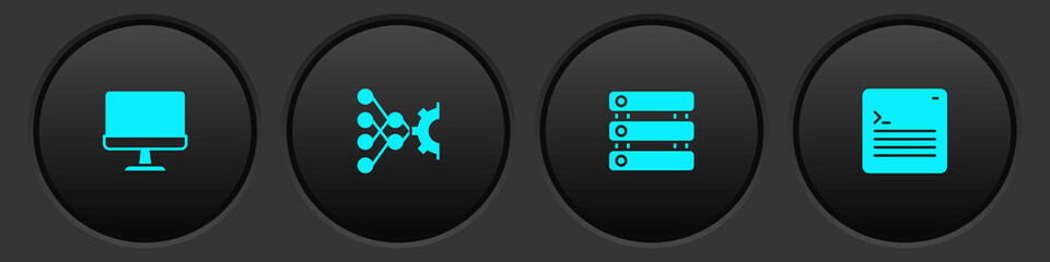 Set Computer monitor, Neural network, Server, Data and Web developer programming code icon. Vector