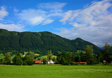 Fototapeta  - alpejski krajobraz, dolina w słońcu, alpine village, idyllic landscape, town in the valley