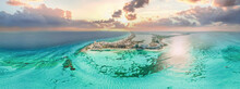 Aerial 360 Panoramic View Of Cancun Beach And City Hotel Zone In Mexico. Caribbean Coast Landscape Of Mexican Resort With Beach Playa Caracol And Kukulcan Road. Riviera Maya In Quintana Roo Region On