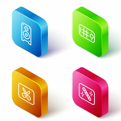 Sticker - Set Isometric line Stereo speaker, Selfie on mobile, Music or video editing and Photo retouching icon. Vector