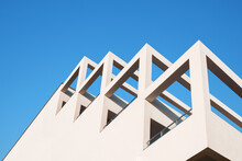 Abstract Architecture Geometric Building Modern Pillar Arch Balcony Construction. Geometry Architecture Design Building Balcony Background. Modern Architecture Minimal Building Abstract Concrete House