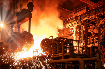 The molten metal is poured from the ladle into the metallurgical furnace.