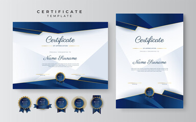 modern elegant blue and gold certificate of achievement template with gold badge and border. designe