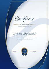 Modern elegant blue and gold certificate of achievement template with gold badge and border. Designed for diploma, award, business, university, school, and corporate.