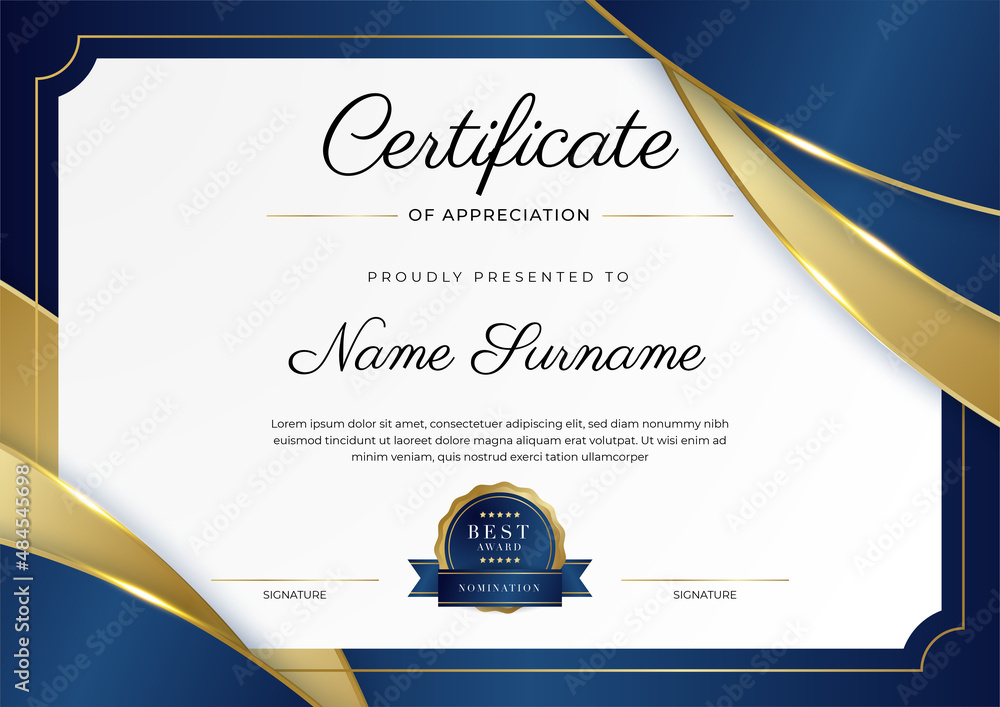 Modern elegant blue and gold certificate of achievement template with ...