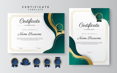 modern elegant dark green and gold certificate of achievement template with gold badge and border. d