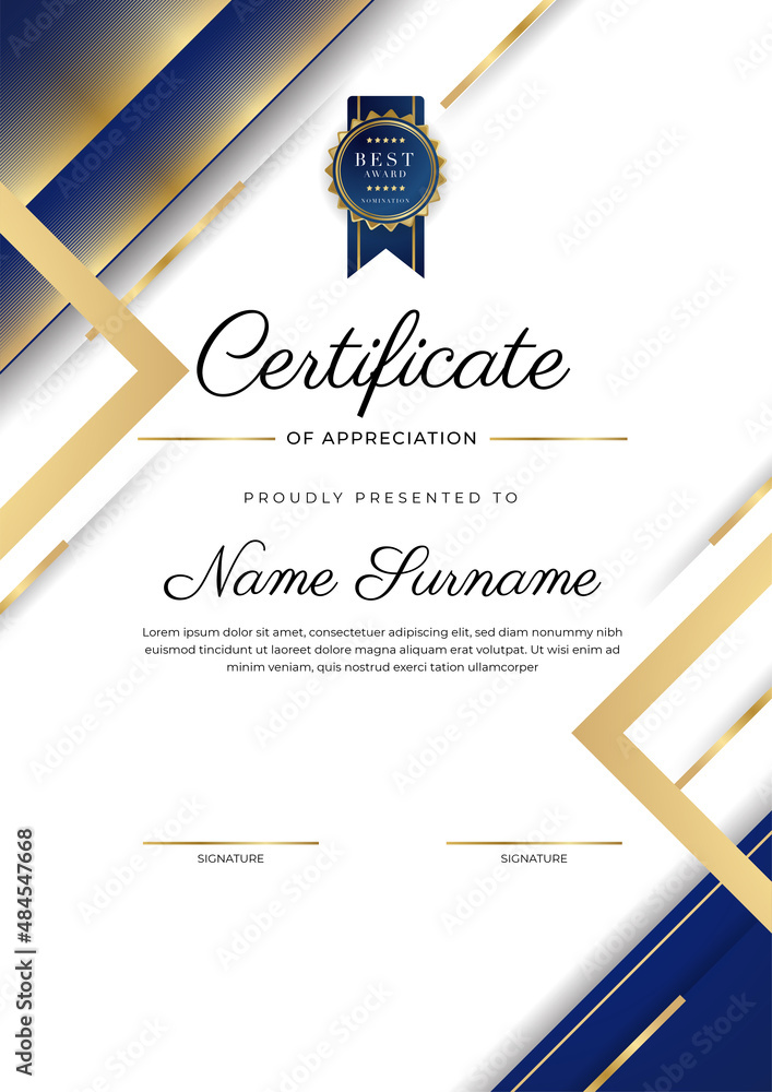 Modern elegant blue and gold certificate of achievement template with ...