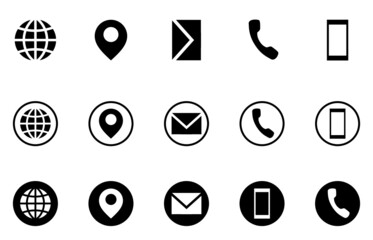 basic icons for business card inside circle stroke & filled circle including globe mobile phone map 
