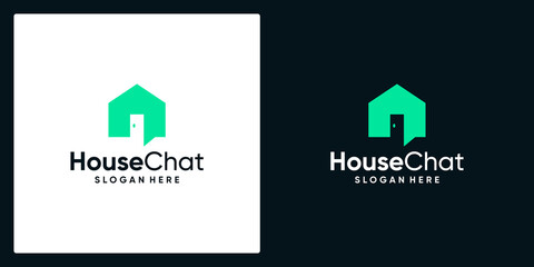 Wall Mural - Home and chat building logo vector icon design illustration. house logo with open door. Premium vector