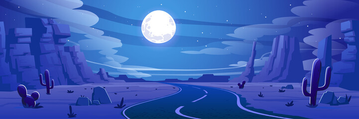 Wall Mural - Desert landscape with road, rocks and cactuses at night. Vector cartoon illustration of highway turn in hot sand desert with mountains, moon and stars in sky