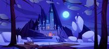 Road To Magic Castle At Night, Fairytale Palace With Turrets On Mountain And Rocky Path Under Purple Sky With Full Moon And Stars. Fantasy Fortress, Medieval Architecture, Cartoon Vector Illustration