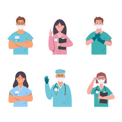 Wall Mural - Set of doctor cartoon characters, hospital medical team concept in various poses. Vector Illustration