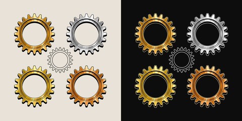 Gold, brass, copper, steel polished gears in vintage style. Base shape of gears with editable strokes. Good for decoration in steampunk style. Vector.