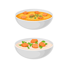 Wall Mural - Tasty seafood dishes set. Salmon fish soup in bowls with vector illustration