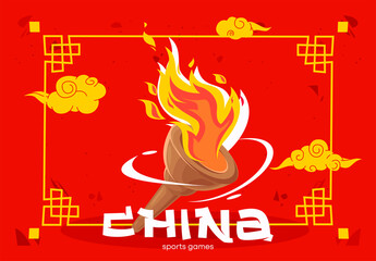 Wall Mural - vector illustration of a torch with fire for international sports games on a red background with des