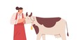 © Good Studio - Happy woman farmer and caring about milk cow. Dairy farm worker and domestic animal, cattle. Cowherd and livestock portrait. Flat vector illustration of female shepherd isolated on white background
