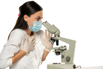 Wall Mural - Portrait of shocked female scientist with microscope