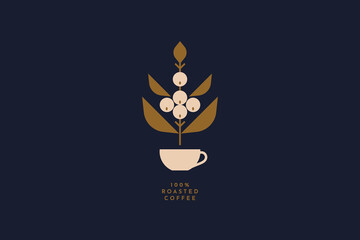 Wall Mural - Coffee tree sprout with coffee fruits over a cup. Can be used for packaging and label design. Vector