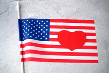 National American Flag And Heart. American Heart Month In February. I Love USA.