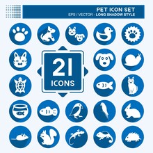 Pet Icon Set In Trendy Long Shadow Style Isolated On Soft Blue Background