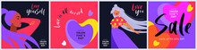Creative Concept Of Happy Valentine’s Day Card Set With Typography Text Love You, Love Is All Around And Love Yourself. Minimalist Trendy Design Templates For Sale, Social Media, Web Banner, Cover