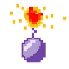 Wall Mural - Pixel game icons, isolated bomb with burning wick, cosmic burst. Particles and flame elements, 8 bit graphics retro style of gaming process dynamite