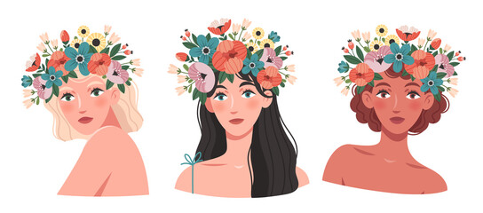 Happy women's day. Beautiful young women with a flower wreath. Image for a spring banner, card, poster. Beautiful women with a flower wreath. Pretty girls in nature.